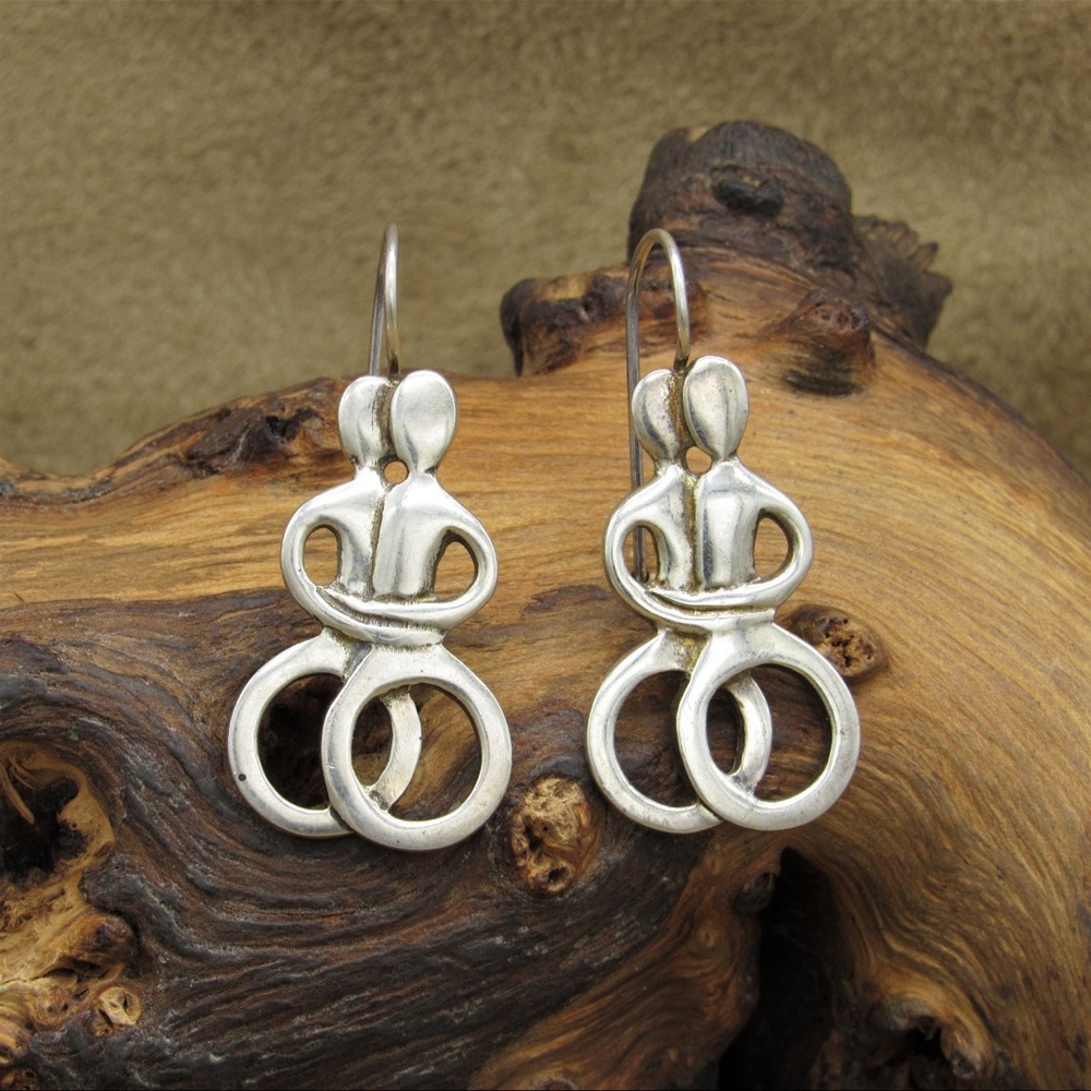 Vintage Sterling Silver Couple Hugging Dangle Earrings, Boho, Hippie
